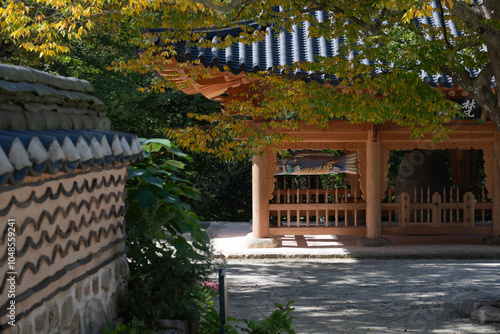a tranquil view of the temple in autumn