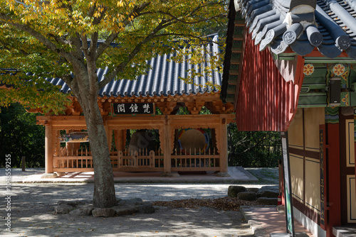 a tranquil view of the temple in autumn