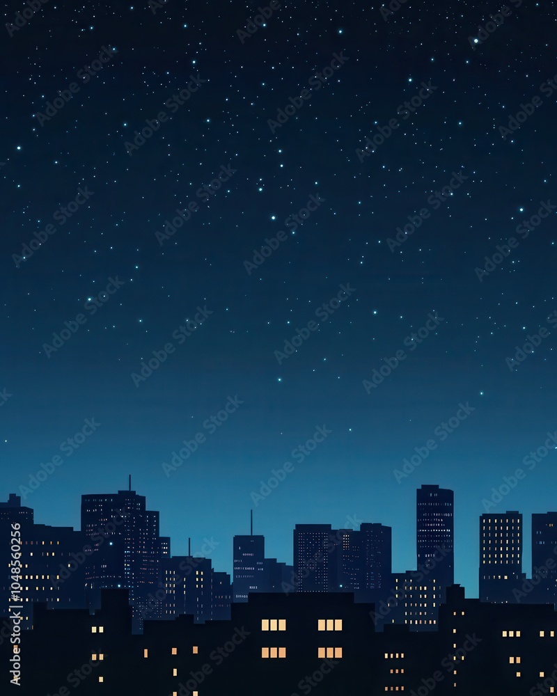 Night City Skyline with Starry Sky - Cityscape with Buildings and Night Sky Background. Night City Skyline with Starry Sky - Cityscape with Buildings and Night Sky Background.