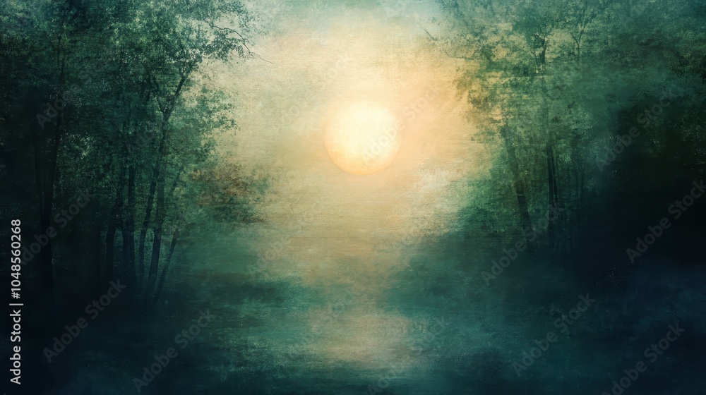 Fototapeta premium Mystical Forest with Sunbeam Light Painting Digital Art Background - Green and Yellow Tones.