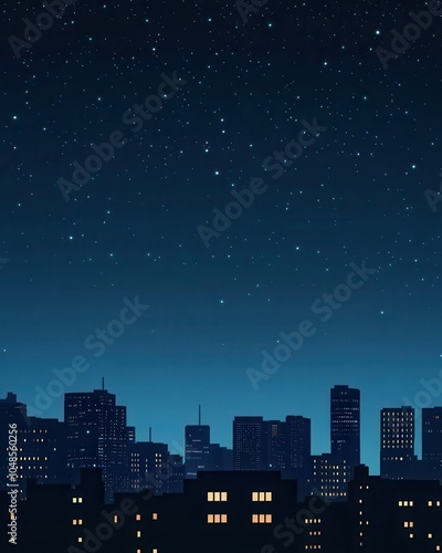 Night City Skyline with Starry Sky - Cityscape with Buildings and Night Sky Background.