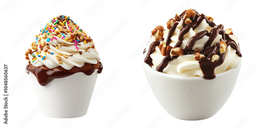 Decadent hot fudge sundae delight, collection, clipart, isolated on transparent background. Decadent hot fudge sundae delight, collection, clipart, isolated on transparent background.