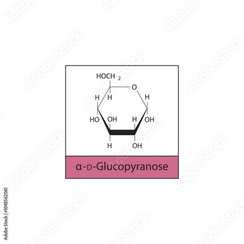 α-D-Glucopyranose skeletal structure diagram.Sugar compound molecule scientific illustration.