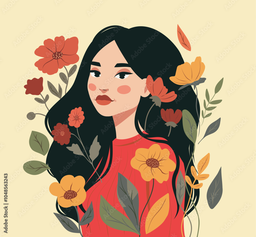 Women's Day. Postcard. Beautiful young woman girl on the background of flowers. Delicate pastel colors