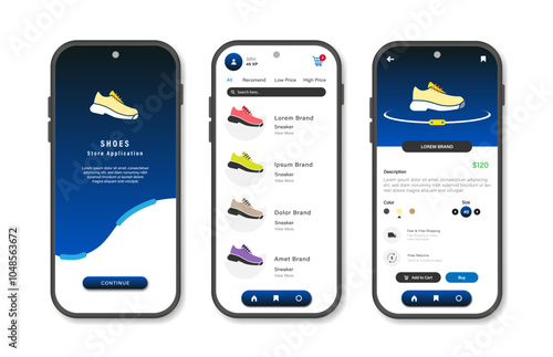 Online shoe store design for mobile applications. Shoe purchasing platform screen. Graphical user interface for responsive mobile applications