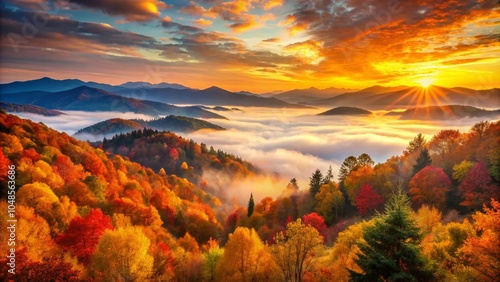 Autumn Sunrise Over Misty Mountains: Breathtaking Panoramic View of Colorful Foliage at Dawn