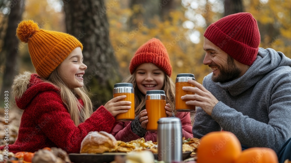 Obraz premium A family of three, two girls and a boy, are sitting on a blanket in a forest
