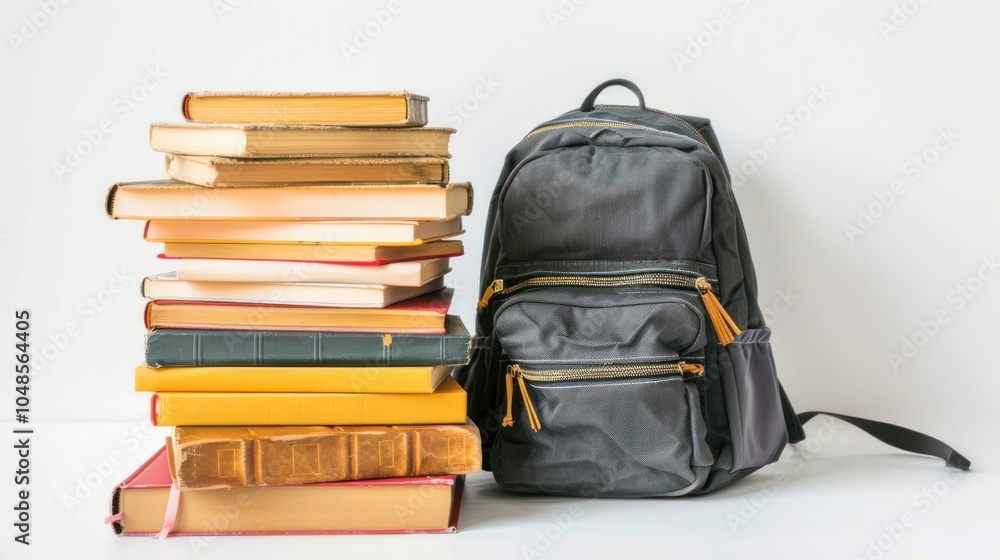A Stack of Books Beside a Black Backpack A Stack of Books Beside a Black Backpack