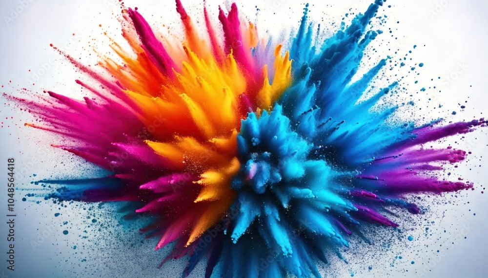 Obraz premium A vibrant explosion of colored powder against a clean white background creates a dynamic and energetic look