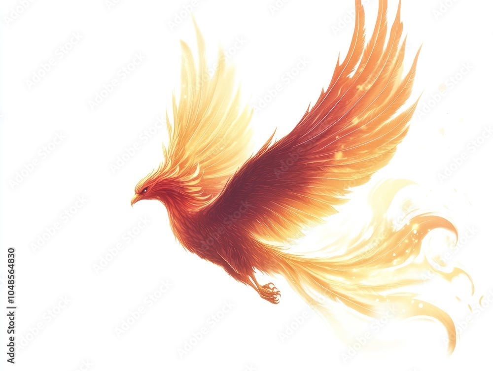 Fototapeta premium Graceful phoenix with orange and gold feathers rising from light, AI generated