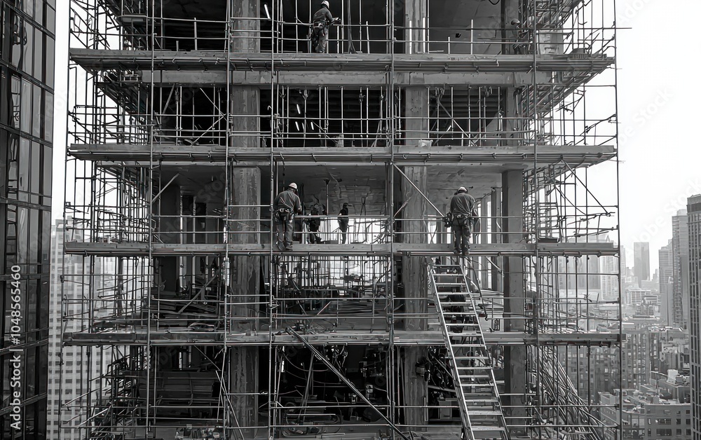Fototapeta premium Construction workers on scaffolding during skyscraper construction.