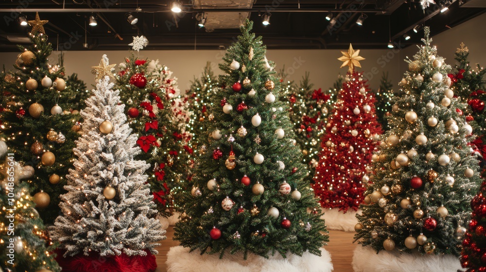 Festive Display of Decorated Christmas Trees in a Holiday Wonderland Festive Display of Decorated Christmas Trees in a Holiday Wonderland