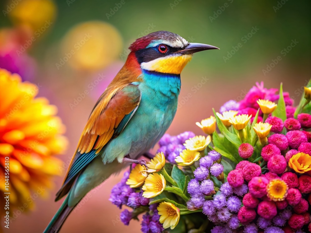 Fototapeta premium Bird on Blossoms with Butterfly - Nature Bokeh Photography