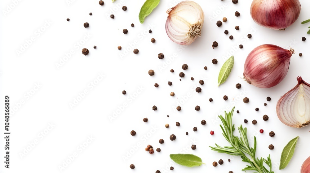 Obraz premium Fresh Red Onions, Peppercorns, and Herbs on White Background