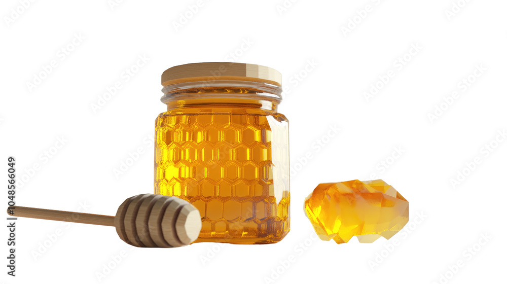 A jar of golden honey with a wooden dipper and spoon, showcasing its natural sweetness and healthy ingredients A jar of golden honey with a wooden dipper and spoon, showcasing its natural sweetness and healthy ingredients