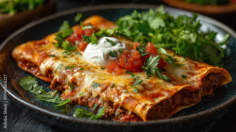 A delicious plate of enchiladas topped with cheese, sour cream, salsa, and fresh herbs, served alongside a bed of greens. A delicious plate of enchiladas topped with cheese, sour cream, salsa, and fresh herbs, served alongside a bed of greens.