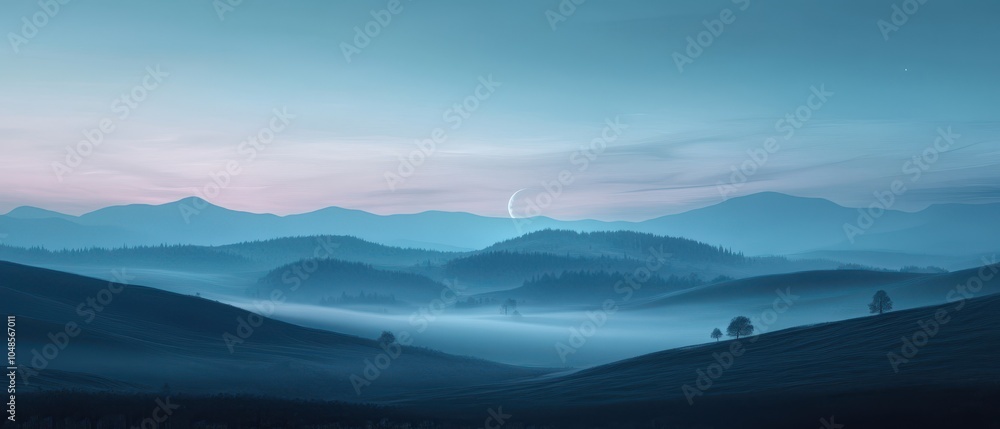 Fototapeta premium Serene Blue Hour Landscape with Foggy Hills and Crescent Moon