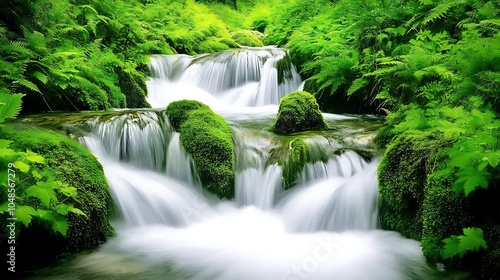 A peaceful mountain stream with crystal-clear water flowing over moss-covered rocks, surrounded by lush green vegetation
