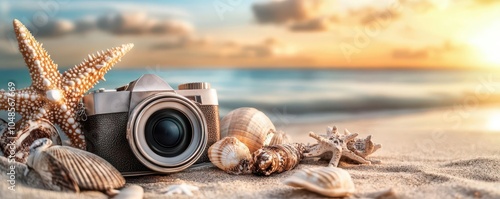 Coastal camera, vibrant colors, stylish items, beach setting, inviting photo