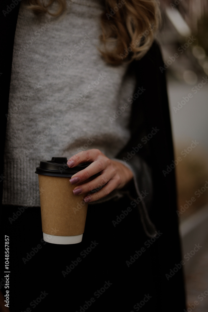 girl drinking coffee on the street girl drinking coffee on the street