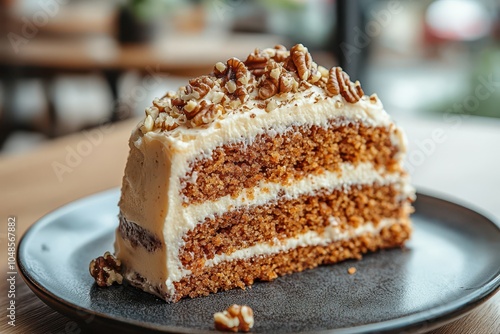 A delicious slice of layered cake topped with nuts, set on a dark plate, showcasing its moist texture and creamy frosting.