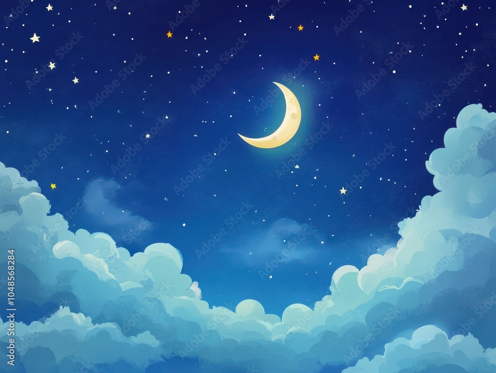 Night Sky with Crescent Moon, Stars, and Clouds - Dreamy Background Illustration. Night Sky with Crescent Moon, Stars, and Clouds - Dreamy Background Illustration.