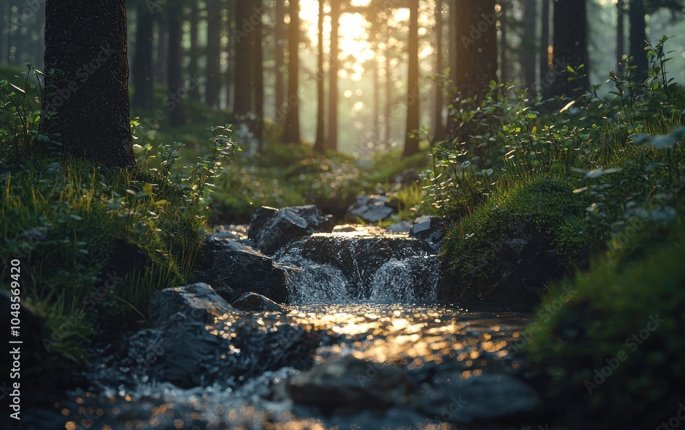 Obraz premium Sunbeams through a forest with a flowing stream