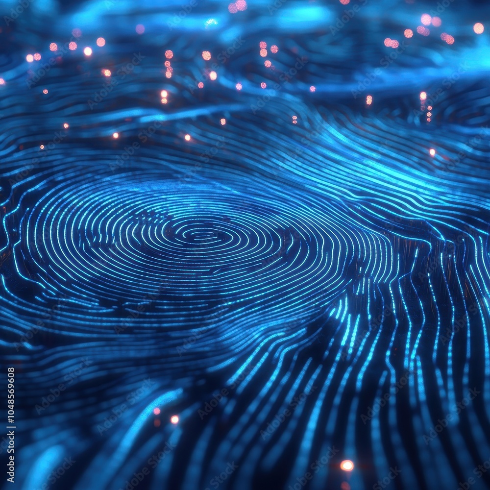 Abstract Blue Fingerprint Pattern with Glowing Lights - Digital Security Concept Background. Abstract Blue Fingerprint Pattern with Glowing Lights - Digital Security Concept Background.
