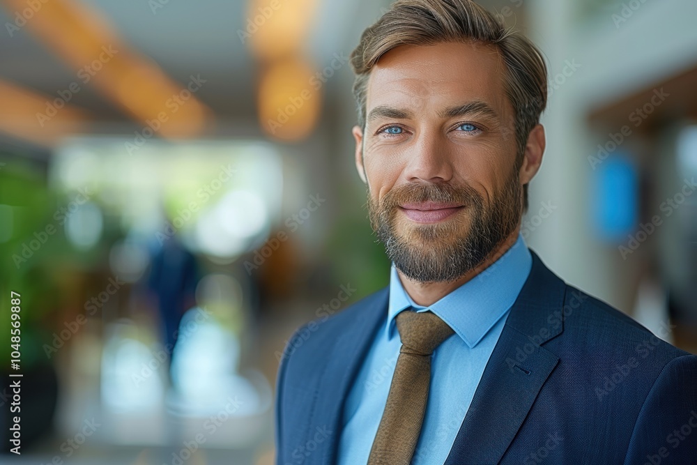 A confident, bearded man dressed in a formal suit smiles warmly in a well-lit lobby, embodying professionalism and approachability in an inviting business environment A confident, bearded man dressed in a formal suit smiles warmly in a well-lit lobby, embodying professionalism and approachability in an inviting business environment