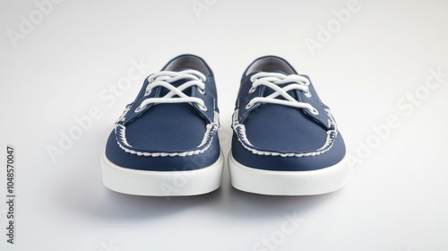 A Pair of Blue Canvas Boat Shoes with White Laces