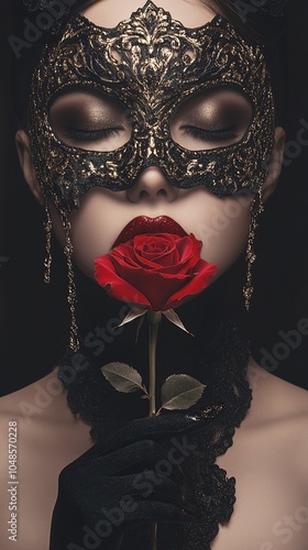 beautiful woman with mask and red lipstick, holding a rose in her mouth,