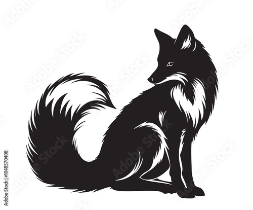 Fox drawing, black silhouette of fox. Isolated outline animal, cute wild fox in vintage engraving motif. Simple black and white vector illustration, graphic element.