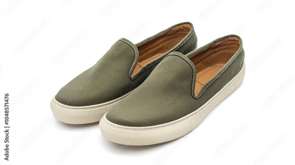 Fototapeta premium A Pair of Green Canvas Slip-On Sneakers with White Soles