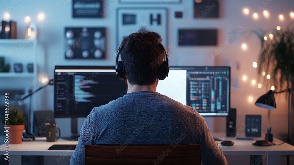 Tech reviewer records late-night video, illuminated by warm string lights. Deep in code, focused on the task ahead. Tech reviewer records late-night video, illuminated by warm string lights. Deep in code, focused on the task ahead.