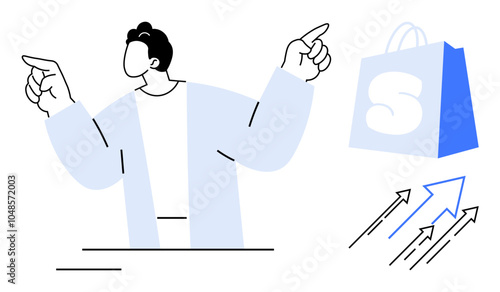 Person pointing with both hands blue and white shopping bag arrows pointing upwards Ideal for, online shopping retail business growth e-commerce success marketing digital sales trendy modern style