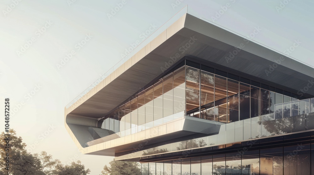 Fototapeta premium Modern Architectural Design with Glass Facade and Overhang