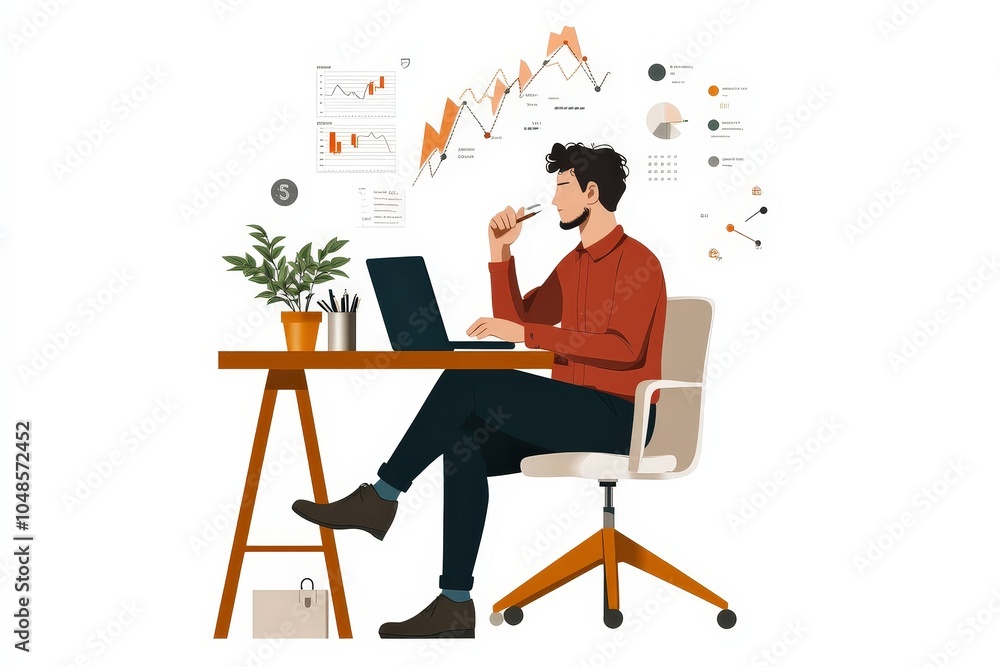 Focused man analyzes charts at his desk, deep in thought; planning future success. Focused man analyzes charts at his desk, deep in thought; planning future success.