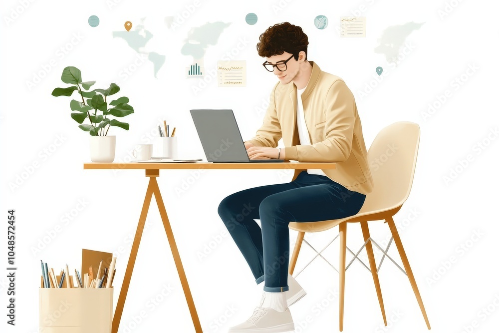 Focused young man works remotely, global data visualized on wall. Success! Focused young man works remotely, global data visualized on wall. Success!