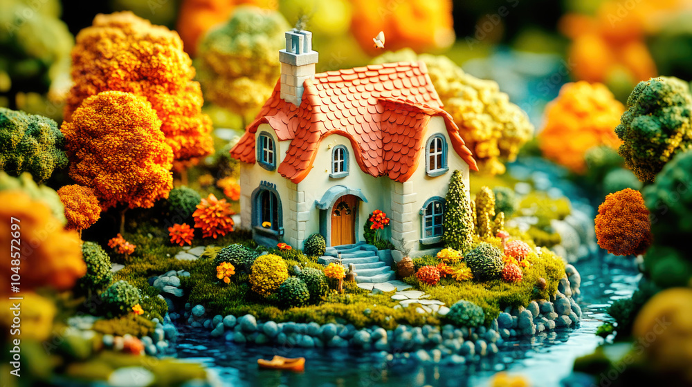 Fototapeta premium 3D miniature of a fairy-tale house with a red roof, surrounded by an autumn forest and a river. The detailed image creates an atmosphere of magic and coziness