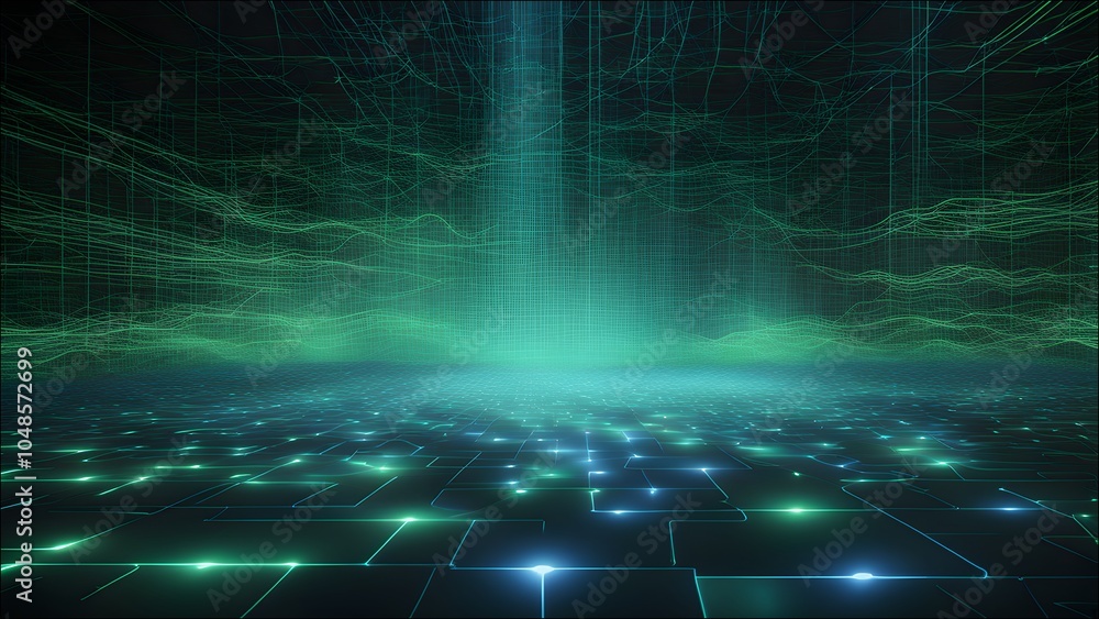 Obraz premium A futuristic AI visualization that highlights pattern recognition, showing intricate digital patterns emerging from data points in a dark, high-tech environment.
