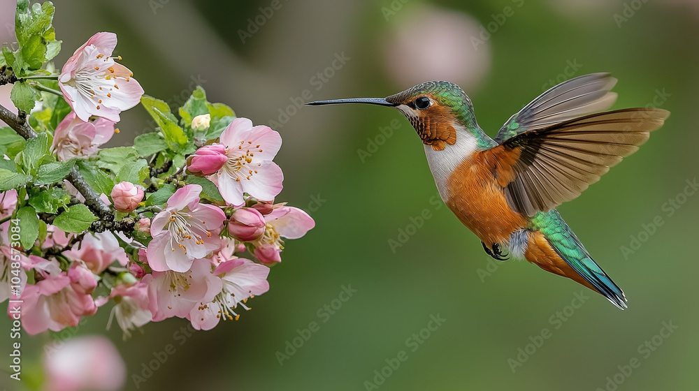 Fototapeta premium vibrant hummingbird hovers gracefully near delicate pink blossoms, showcasing its iridescent feathers and agile movements. scene captures beauty of nature and harmony between bird and flowers
