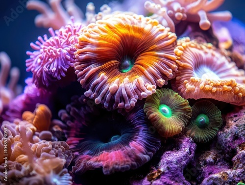 Coral reef, vibrant colors, underwater scenes, close-up, detailed