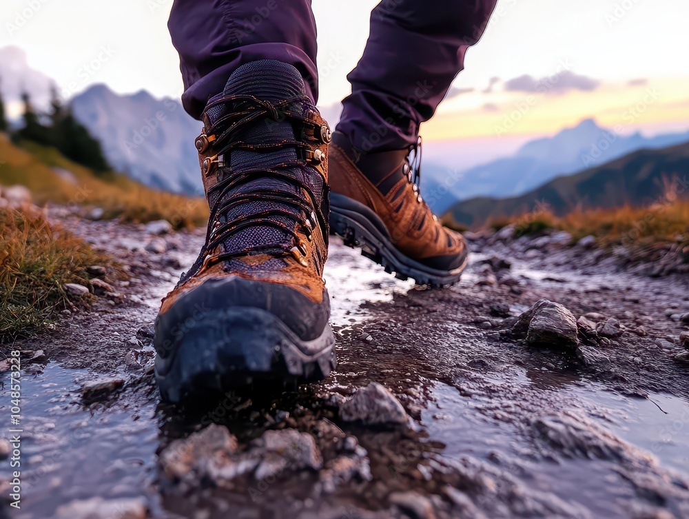 Hiking boots, vibrant colors, dynamic scenes, scenic routes, energetic Hiking boots, vibrant colors, dynamic scenes, scenic routes, energetic