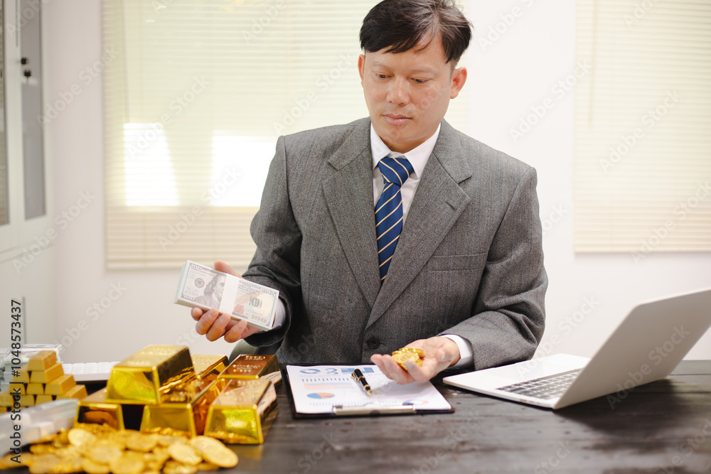 Illustration of businessman working hard with gold bars, evaluating investments and transactions in financial office, demonstrating asset allocation and precious metals trading strategies. Illustration of businessman working hard with gold bars, evaluating investments and transactions in financial office, demonstrating asset allocation and precious metals trading strategies.