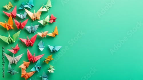 Colorful Origami Butterflies on Green Background