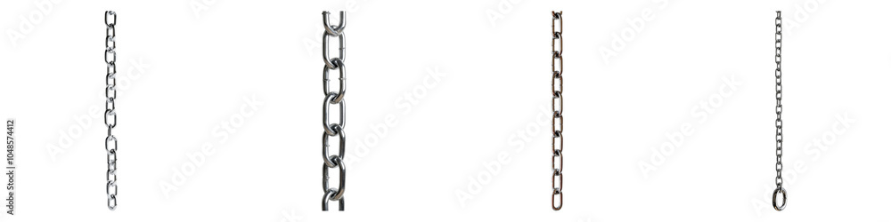 Fototapeta premium This display features a variety of isolated metal chains, showcasing different link styles and sizes. Ideal for crafting, design, or construction purposes, each chain presents a durable appearance