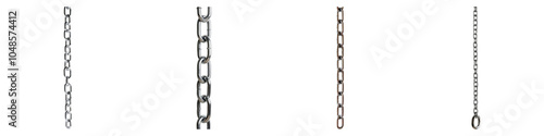 This display features a variety of isolated metal chains, showcasing different link styles and sizes. Ideal for crafting, design, or construction purposes, each chain presents a durable appearance