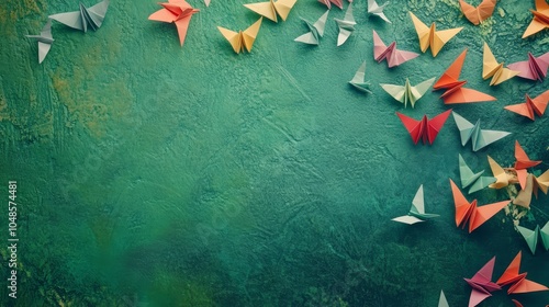 Colorful Origami Butterflies on a Textured Green Background