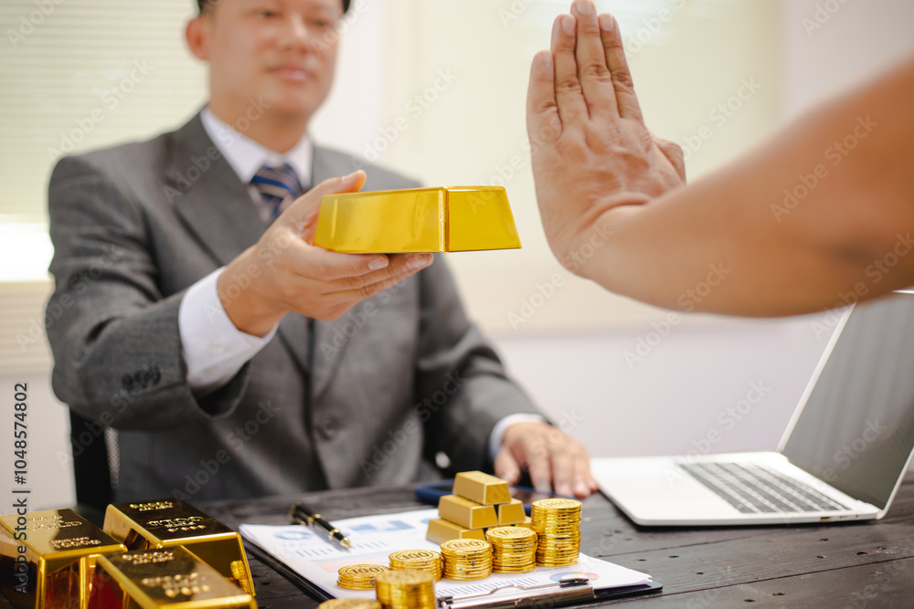 Illustration of businessman working hard with gold bars, evaluating investments and transactions in financial office, demonstrating asset allocation and precious metals trading strategies.