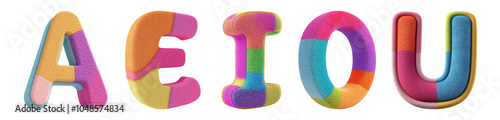 Pack of vowel letters A, E, I, O, U in felt style set against transparent background photo